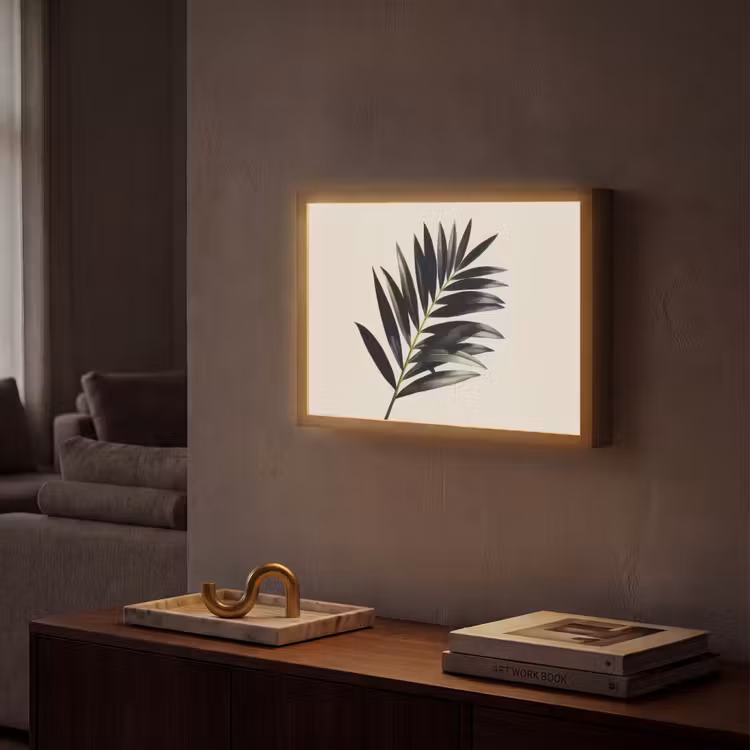 Palmblad - Subtiel - Groen - beige Light Box met batterij (Wandlamp) middel -sfeer1