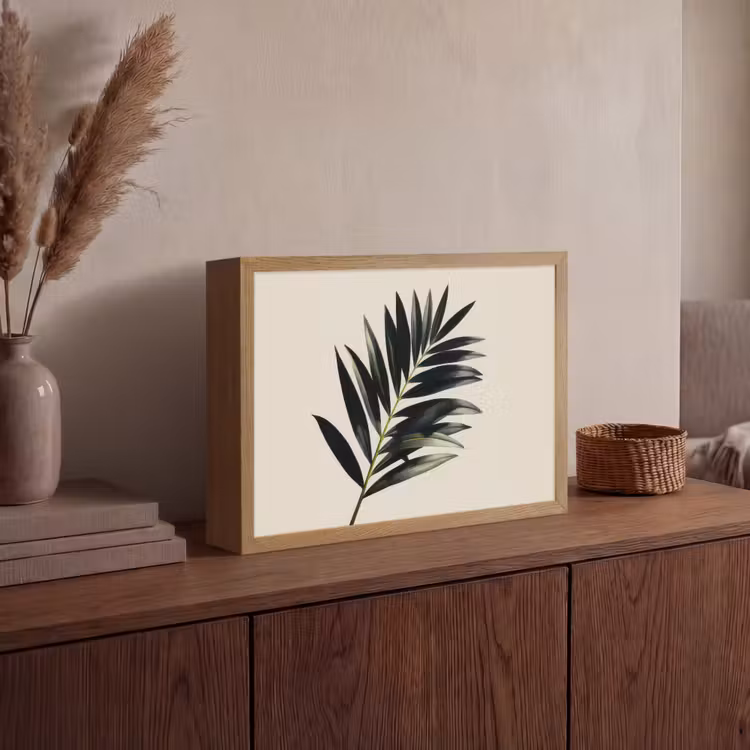 Palmblad - Subtiel - Groen - beige Light Box met batterij (Wandlamp) middel -sfeer2
