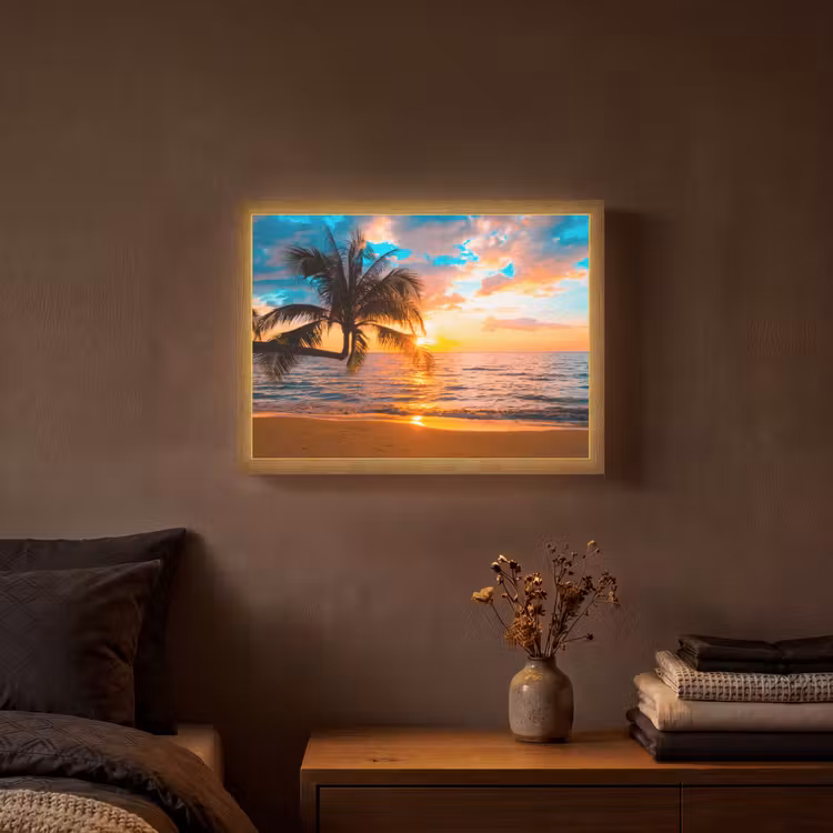 Palm - Zonsondergang - Horizon - Strand - Zee - Tropisch Light Box met batterij (Wandlamp) middel -sfeer4
