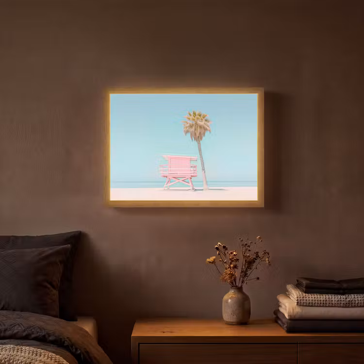 Palmboom - Strandhuis - Roze Light Box met batterij (Wandlamp) middel -sfeer4