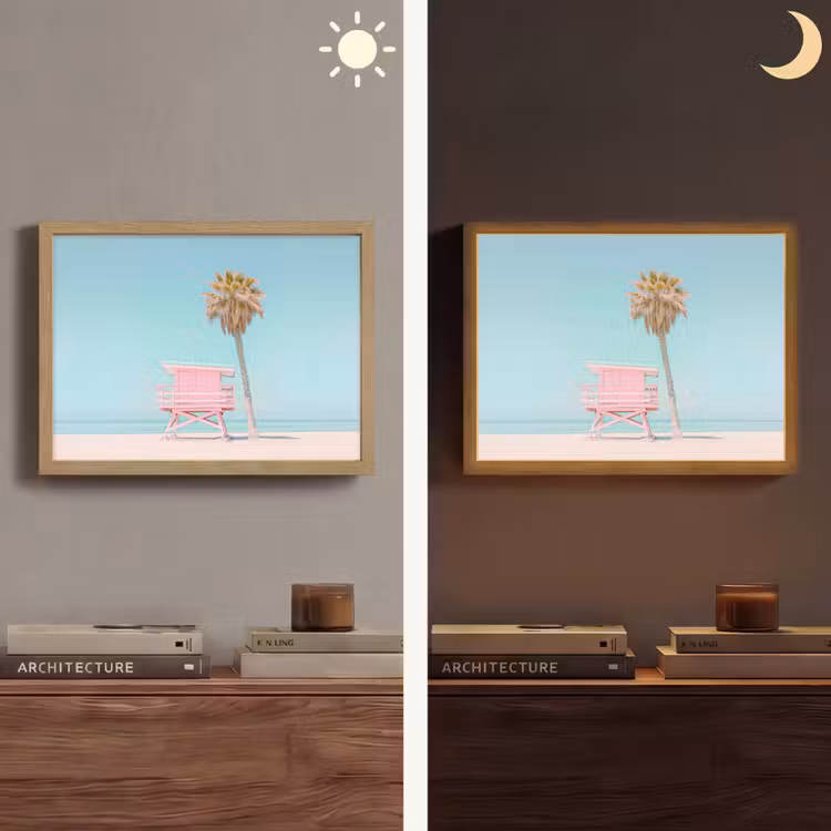 Palmboom - Strandhuis - Roze Light Box met batterij (Wandlamp) middel -sfeer3