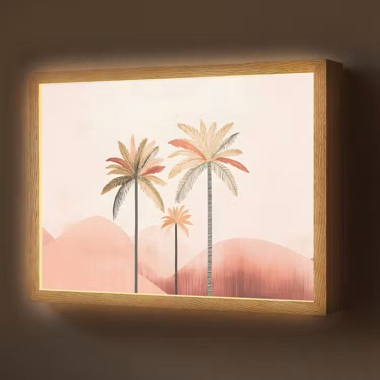 Palmbomen - Heuvels - Minimalistisch - Zachtroze Light Box met batterij (Wandlamp) middel -z3d_website