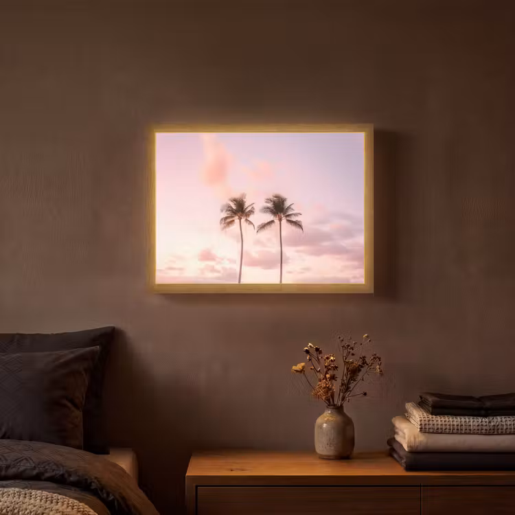 Palmbomen - Paars - Wolken - Lucht Light Box met batterij (Wandlamp) middel -sfeer4