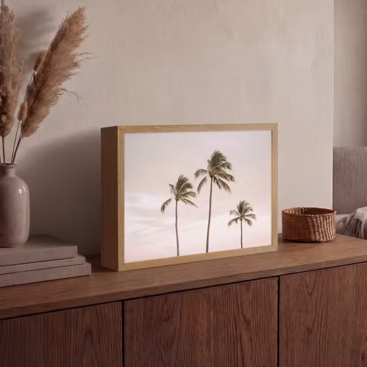 Palmbomen - Zonsondergang - Roze Light Box met batterij (Wandlamp) middel -sfeer2