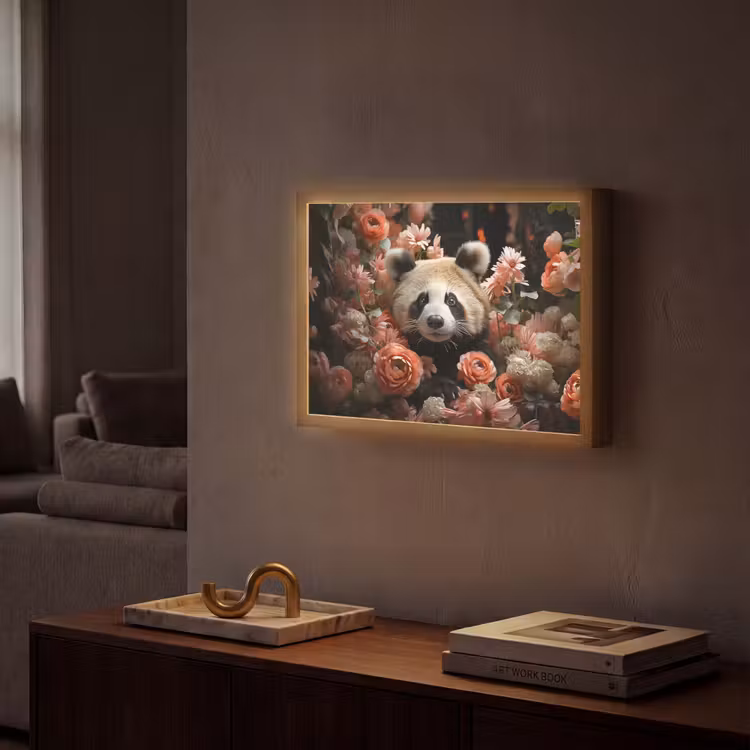 Panda - Dier - Bloemen - Natuur - Botanisch Light Box met batterij (Wandlamp) middel -sfeer1