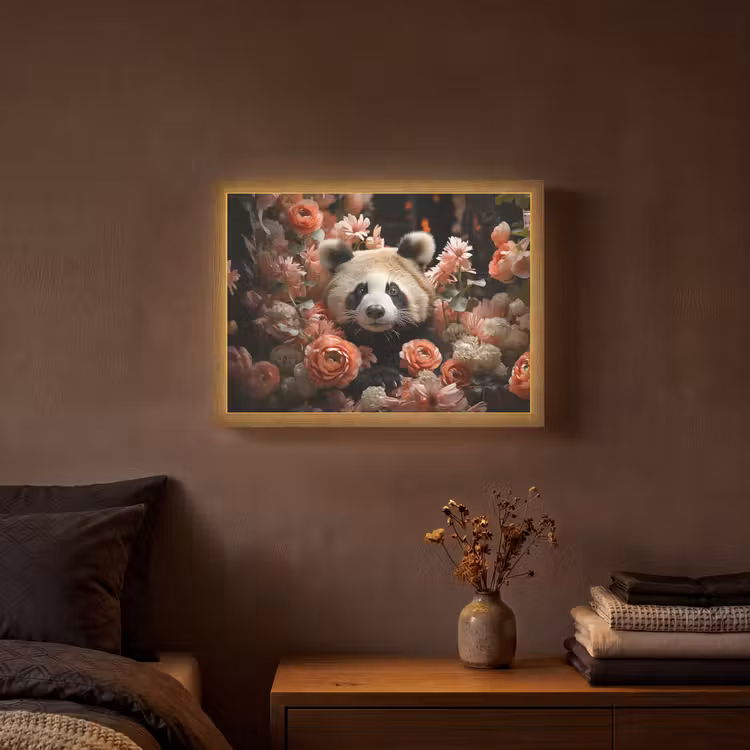 Panda - Dier - Bloemen - Natuur - Botanisch Light Box met batterij (Wandlamp) middel -sfeer4