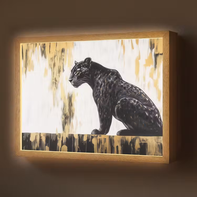 Panter - Zwart - Abstract - Goud Light Box met batterij (Wandlamp) middel -z3d_website