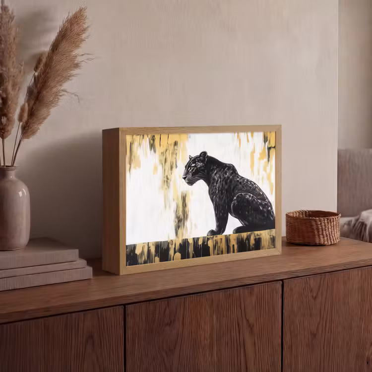 Panter - Zwart - Abstract - Goud Light Box met batterij (Wandlamp) middel -sfeer2