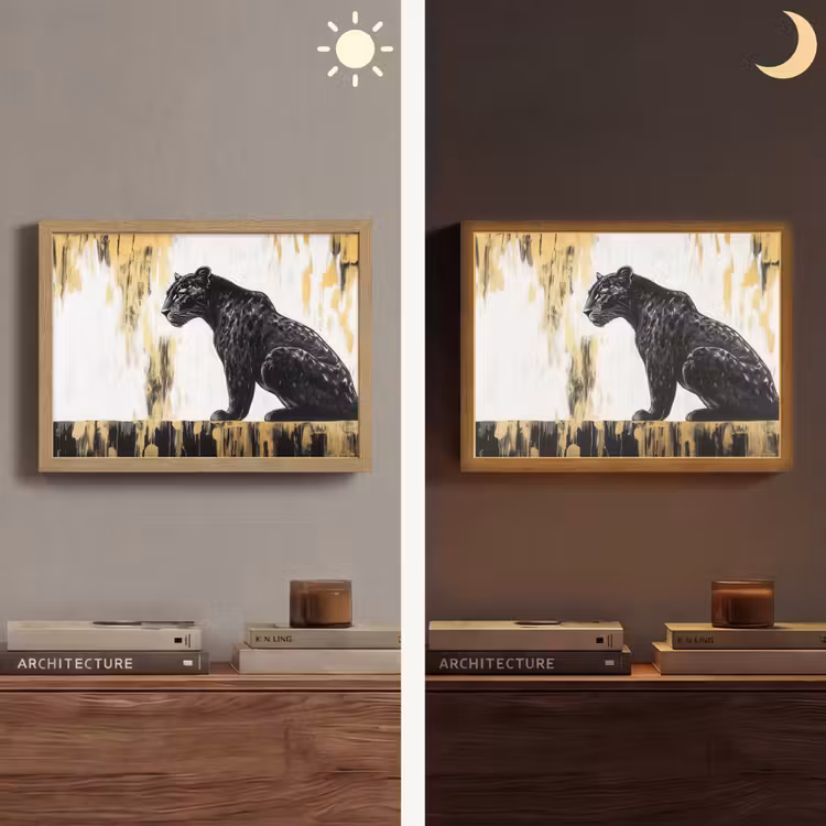 Panter - Zwart - Abstract - Goud Light Box met batterij (Wandlamp) middel -sfeer3
