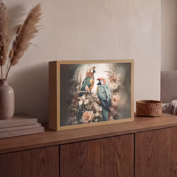 Papegaaien - Vogels - Natuur - Bloemen Light Box met batterij (Wandlamp) middel -sfeer2