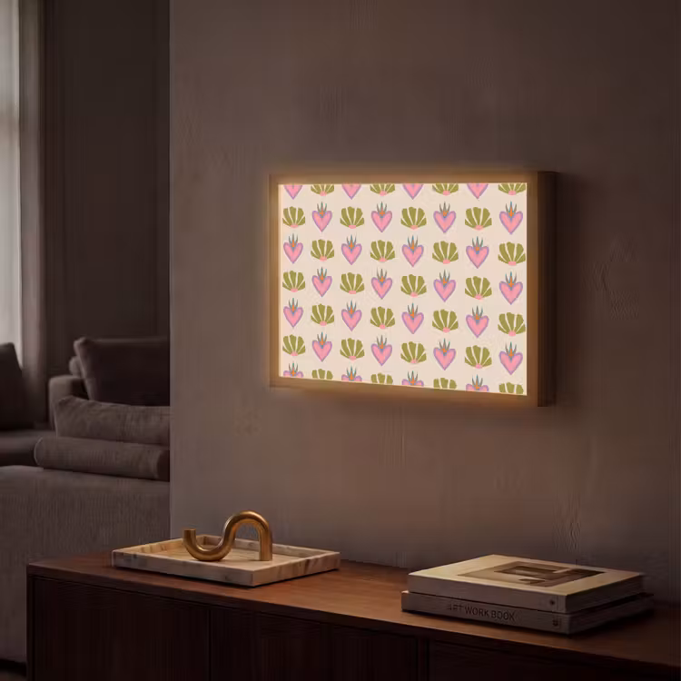 Patroon - Beige - Hartjes - Bloemen Light Box met batterij (Wandlamp) middel 907 -sfeer1