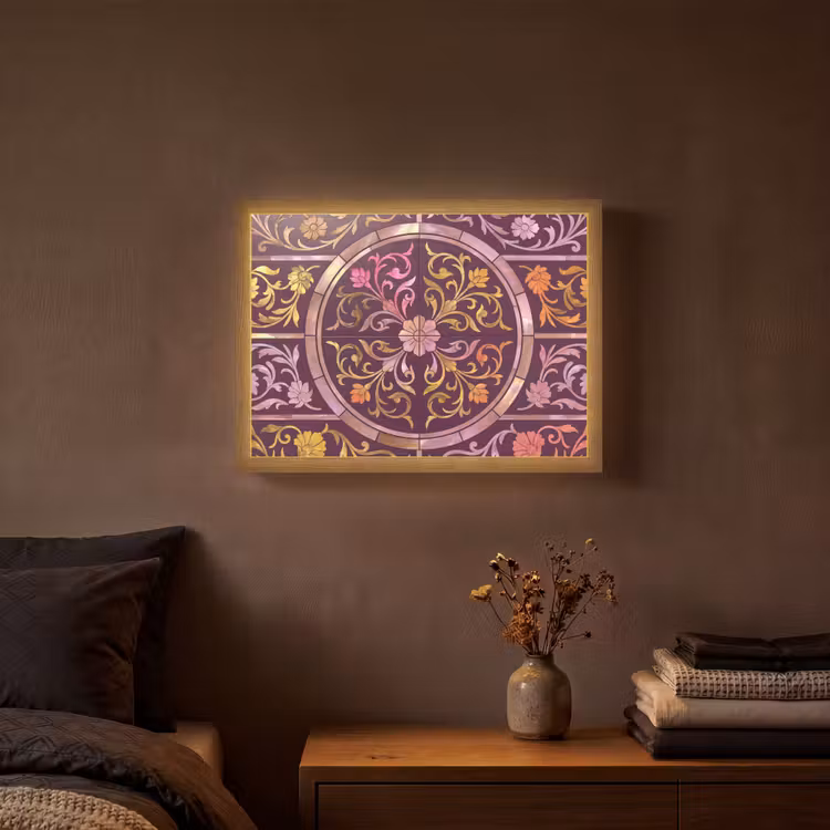 Patroon - Floraal - Oosters - Paars - Goud Light Box met batterij (Wandlamp) middel -sfeer4