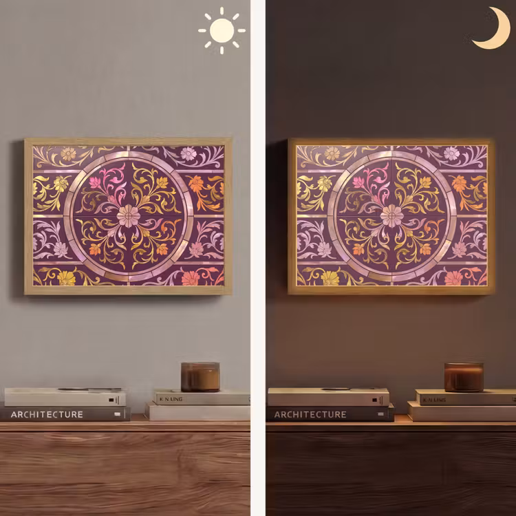 Patroon - Floraal - Oosters - Paars - Goud Light Box met batterij (Wandlamp) middel -sfeer3