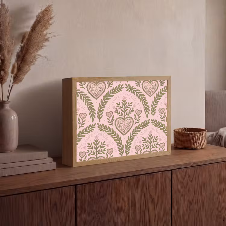 Patroon - Hart - Bloemen - Folkloristisch - Roze Light Box met batterij (Wandlamp) middel -sfeer2