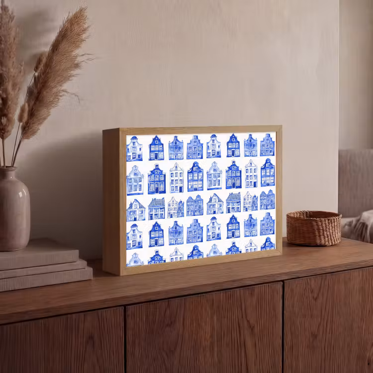 Patroon - Huizen - Blauw Light Box met batterij (Wandlamp) middel 907 -sfeer2