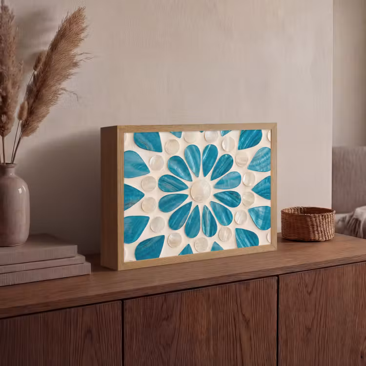 Patroon - Mozaïek - Schelpen - Abstract - Turquoise Light Box met batterij (Wandlamp) middel -sfeer2