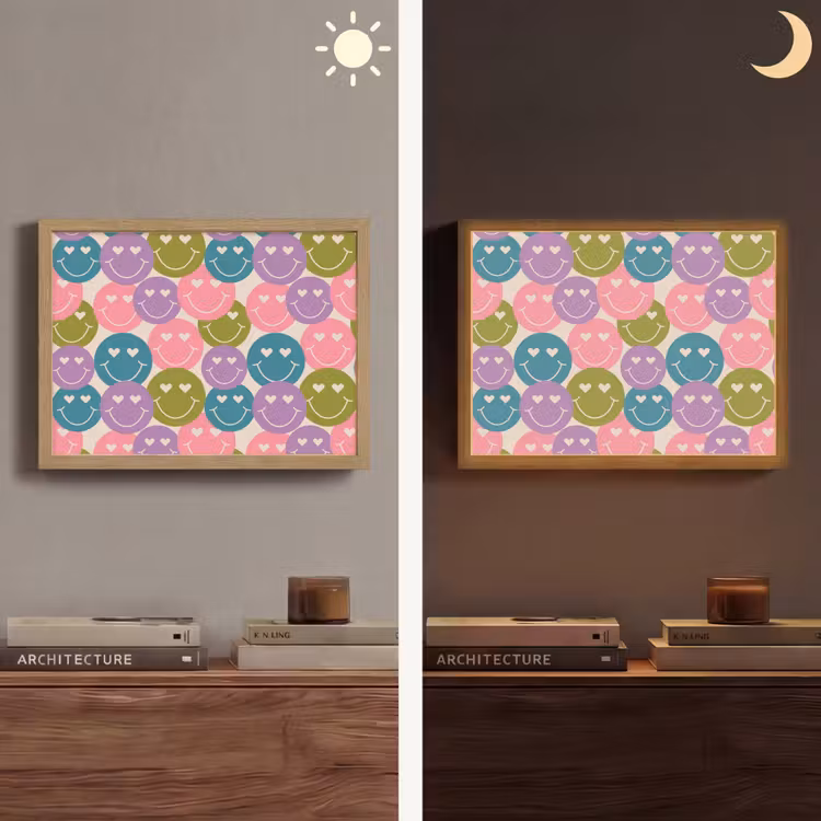 Patroon - Smiley - Kleurrijk - Hartjes Light Box met batterij (Wandlamp) middel 907 -sfeer3