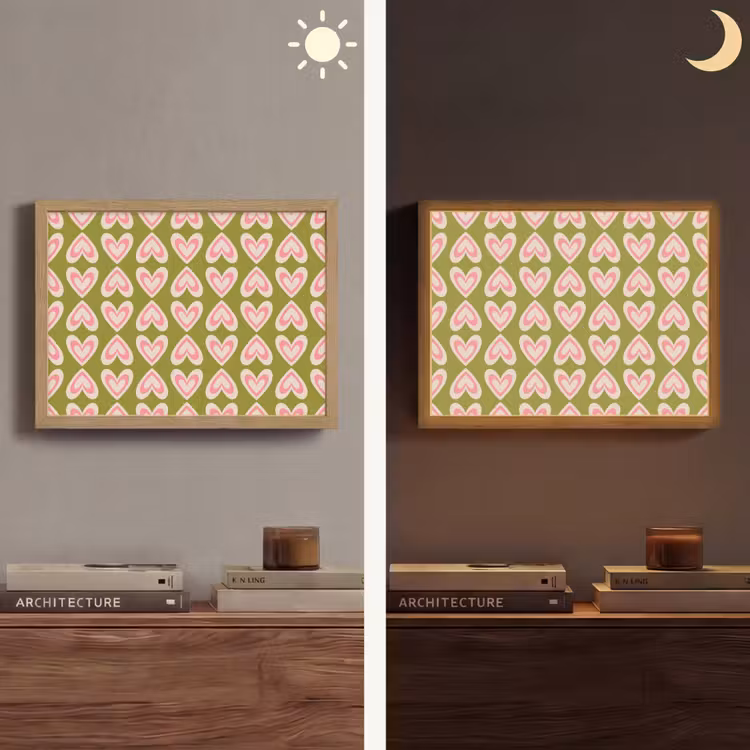 Patroon - Symmetrisch - Hartjes - Olijfgroen Light Box met batterij (Wandlamp) middel 907 -sfeer3