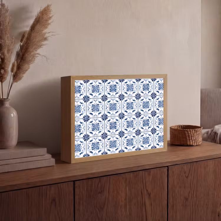 Patroon - Tegel - Blauw Light Box met batterij (Wandlamp) middel 907 -sfeer2
