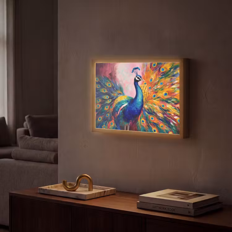 Pauw - Dieren - Schilderij - Regenboog Light Box met batterij (Wandlamp) middel -sfeer1