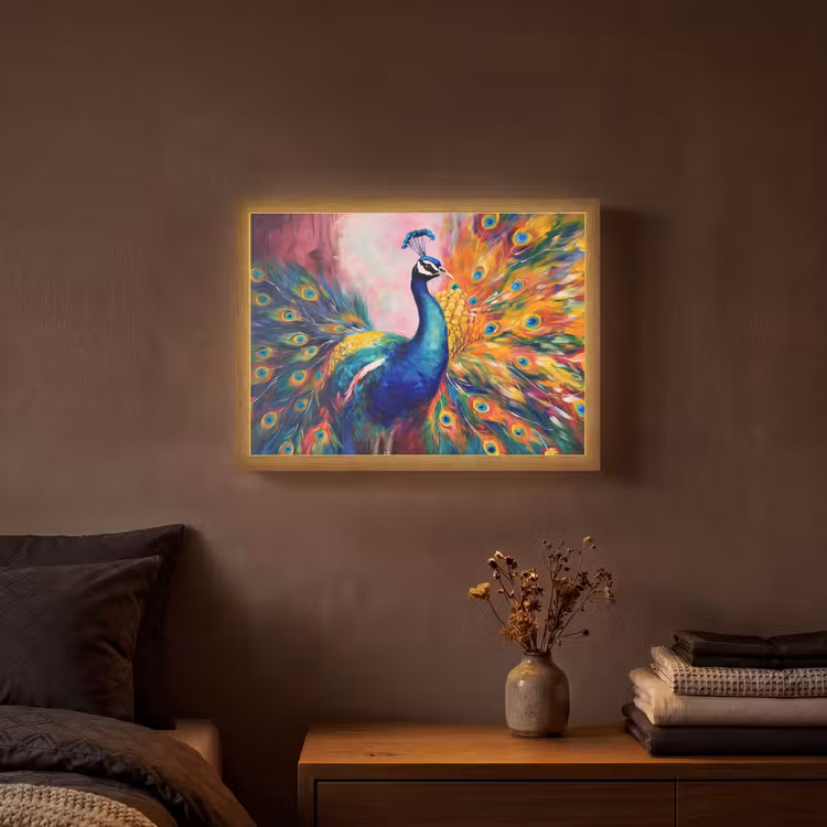 Pauw - Dieren - Schilderij - Regenboog Light Box met batterij (Wandlamp) middel -sfeer4