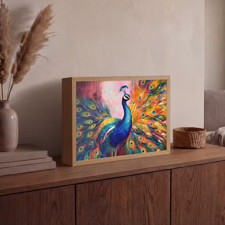 Pauw - Dieren - Schilderij - Regenboog Light Box met batterij (Wandlamp) middel -sfeer2