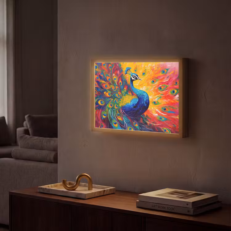Pauw - Kunst - Schilderij - Pauwenveren Light Box met batterij (Wandlamp) middel -sfeer1