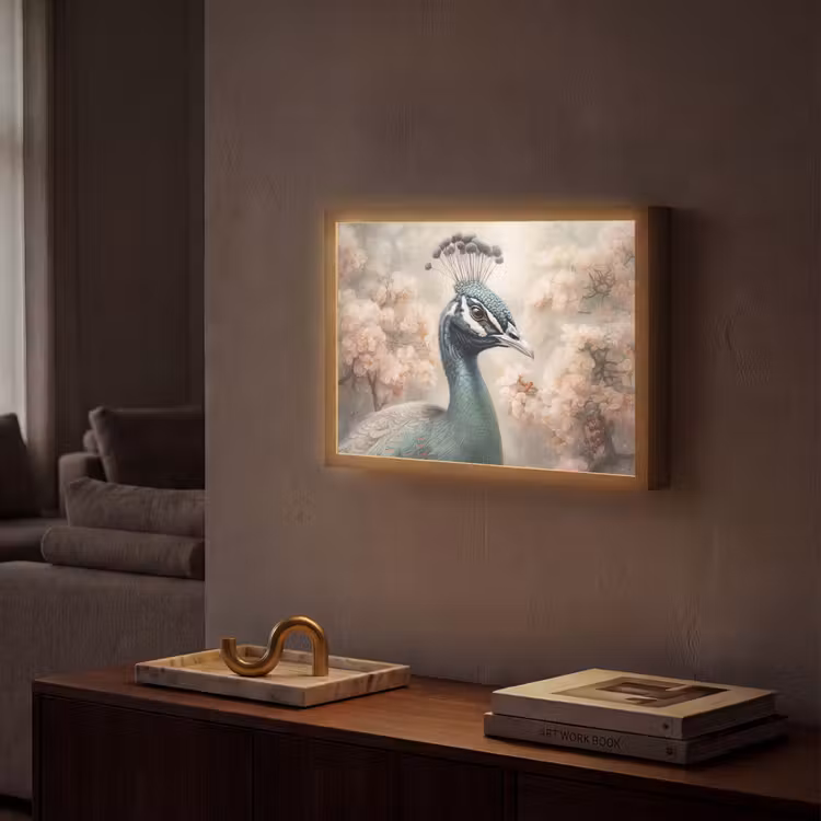 Pauw - Vogels - Bloemen - Boom - Botanisch Light Box met batterij (Wandlamp) middel -sfeer1