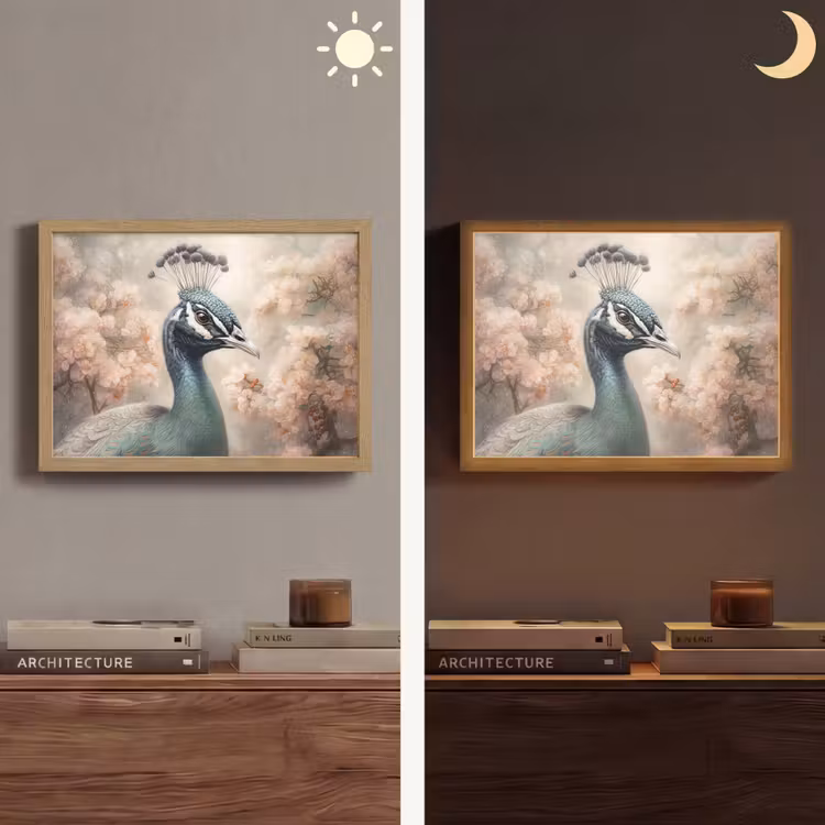 Pauw - Vogels - Bloemen - Boom - Botanisch Light Box met batterij (Wandlamp) middel -sfeer3