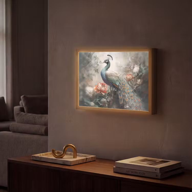 Pauw - Pauwenveren - Vogel - Jungle - Bloemen Light Box met batterij (Wandlamp) middel -sfeer1