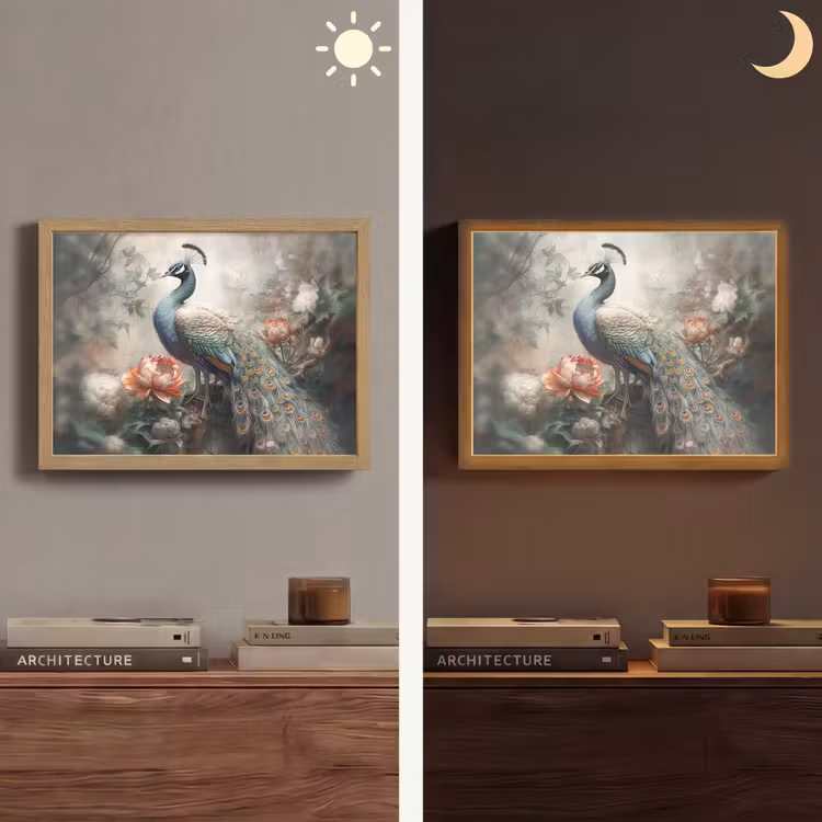 Pauw - Pauwenveren - Vogel - Jungle - Bloemen Light Box met batterij (Wandlamp) middel -sfeer3
