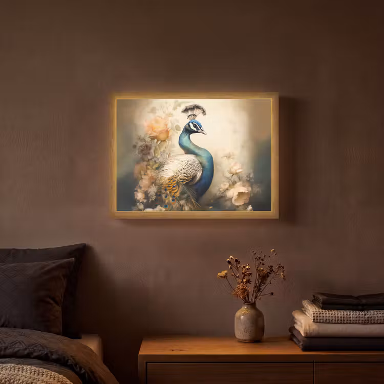 Pauw - Pauwenveren - Bloemen - Vogels - Botanisch Light Box met batterij (Wandlamp) middel -sfeer4