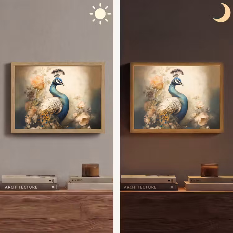 Pauw - Pauwenveren - Bloemen - Vogels - Botanisch Light Box met batterij (Wandlamp) middel -sfeer3