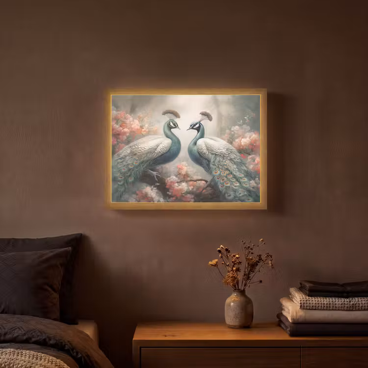 Pauwen - Pauwenveren - Vogels - Bloemen - Natuur Light Box met batterij (Wandlamp) middel -sfeer4