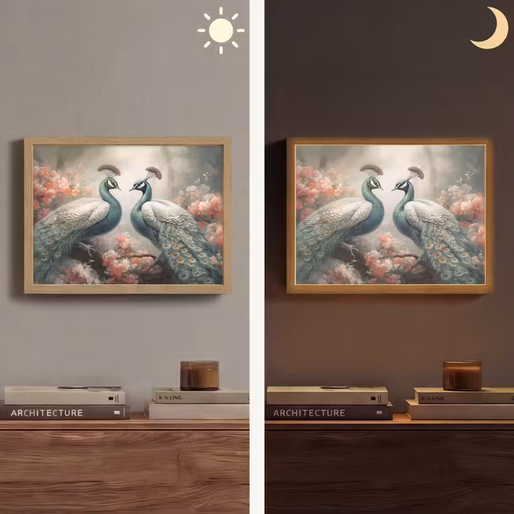 Pauwen - Pauwenveren - Vogels - Bloemen - Natuur Light Box met batterij (Wandlamp) middel -sfeer3