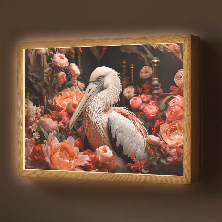 Pelikaan - Dier - Bloemen - Natuur - Botanisch - Roze Light Box met batterij (Wandlamp) middel -z3d_website