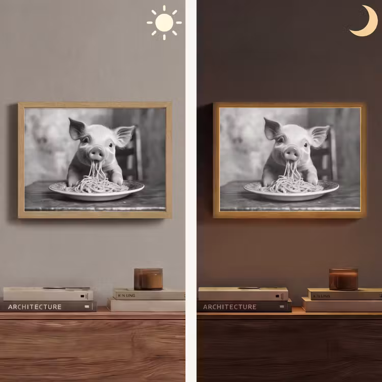 Varken - Schattig - Spaghetti - Zwart wit - Dier Light Box met batterij (Wandlamp) middel -sfeer3