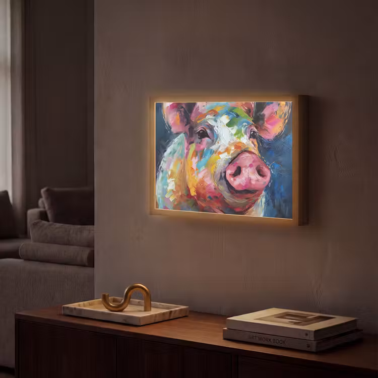 Varken - Olieverf - Dieren - Kunst Light Box met batterij (Wandlamp) middel -sfeer1