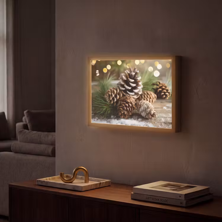 Dennenappels - Kerstsfeer - Bruin - Groen Light Box met batterij (Wandlamp) middel -sfeer1