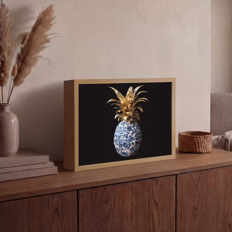 Ananas - Bloemen patroon - Goud - Delftsblauw Light Box met batterij (Wandlamp) middel -sfeer2
