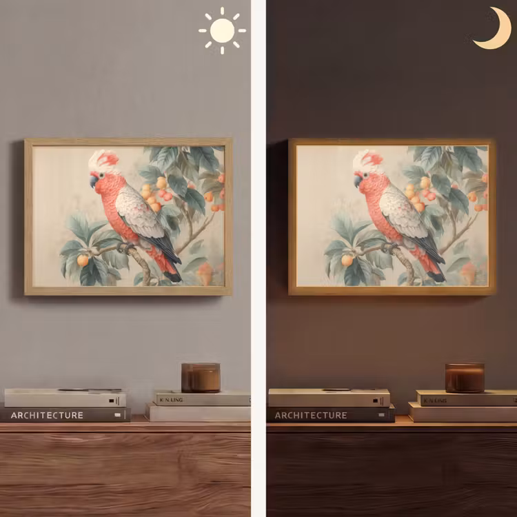 Roze kuifkaketoe - Tak met vruchten - Bladeren Light Box met batterij (Wandlamp) middel -sfeer3