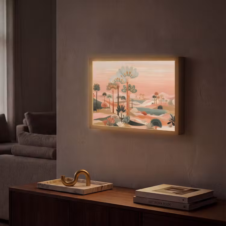 Roze landschap - Palmen - Water Light Box met batterij (Wandlamp) middel -sfeer1