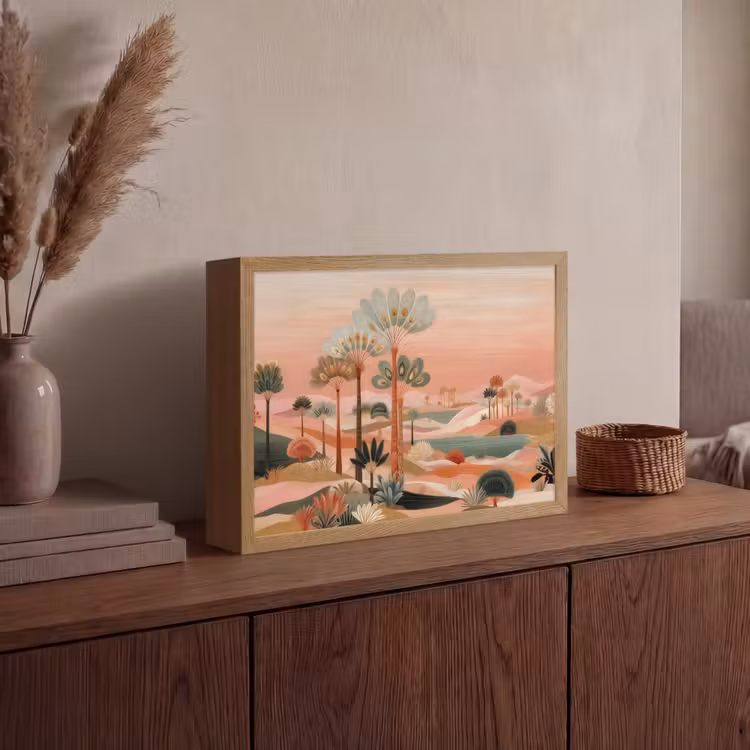 Roze landschap - Palmen - Water Light Box met batterij (Wandlamp) middel -sfeer2