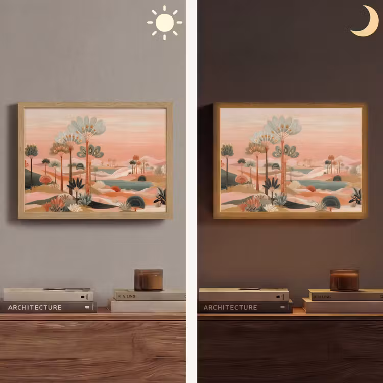 Roze landschap - Palmen - Water Light Box met batterij (Wandlamp) middel -sfeer3