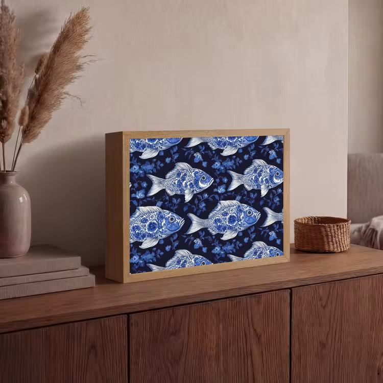Vissen - Bloemen - Blauw Light Box met batterij (Wandlamp) middel 907 -sfeer2