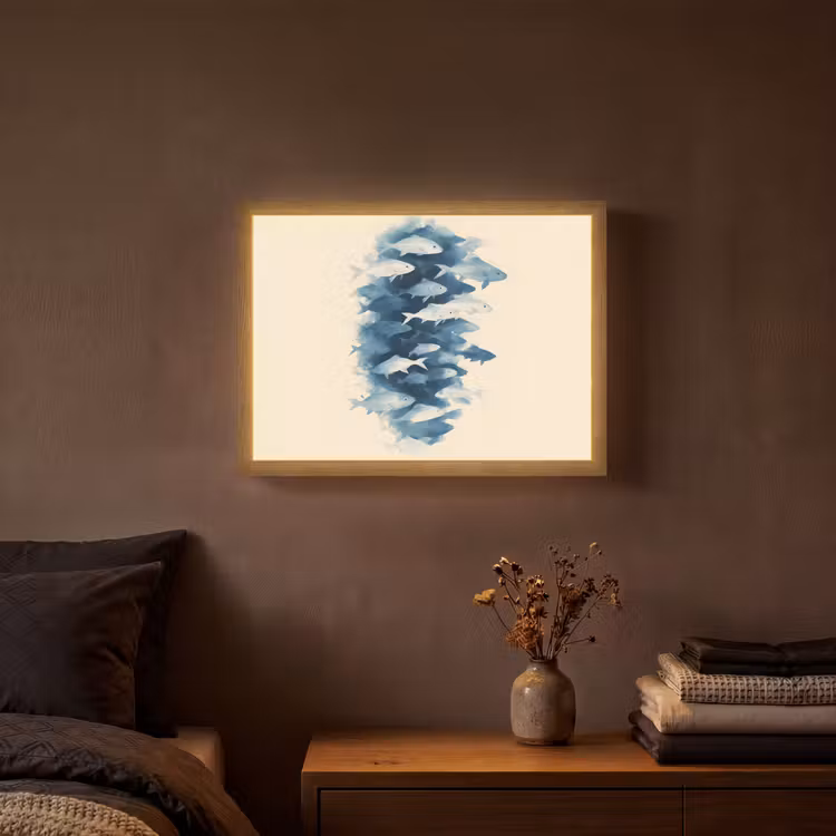 Vissen - Minimalistisch - Blauw Light Box met batterij (Wandlamp) middel -sfeer4