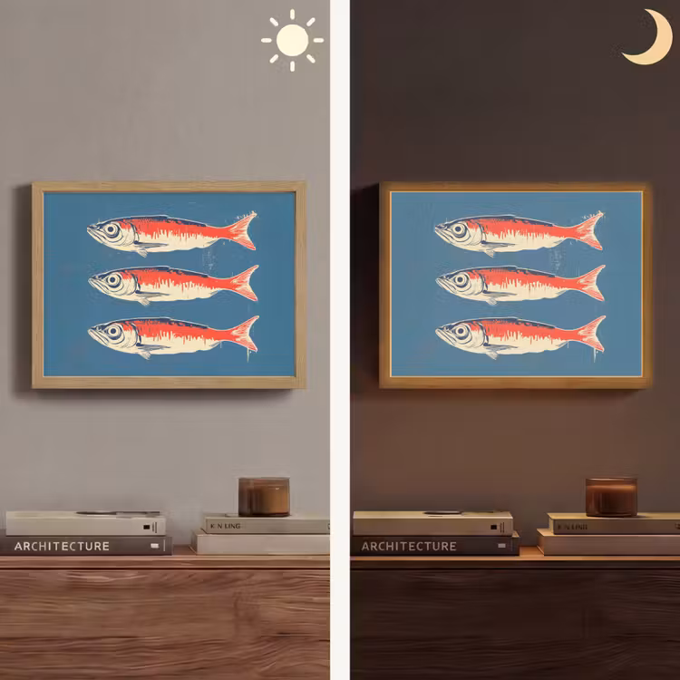 Vissen - Rood - Blauw Light Box met batterij (Wandlamp) middel -sfeer3