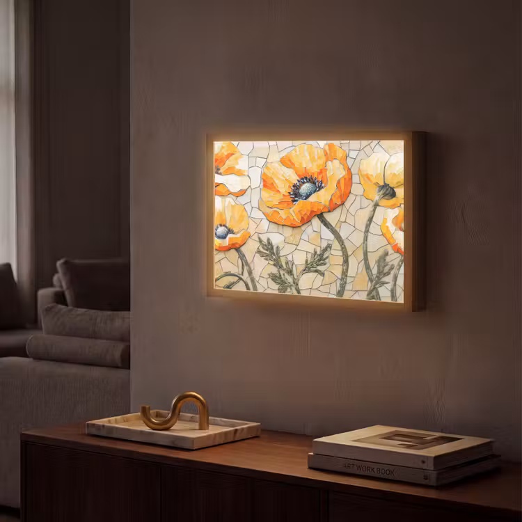 Klaprozen - Oranje - Mozaïek - Bladeren Light Box met batterij (Wandlamp) middel -sfeer1