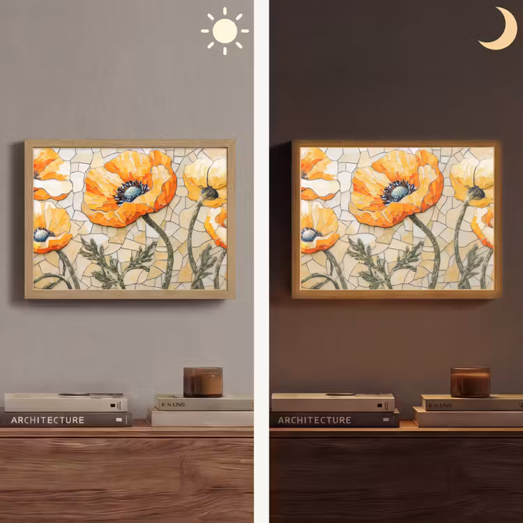 Klaprozen - Oranje - Mozaïek - Bladeren Light Box met batterij (Wandlamp) middel -sfeer3