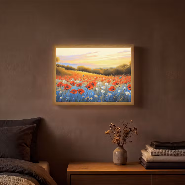 Klaproos - Bloemenveld - Kleurrijk Light Box met batterij (Wandlamp) middel -sfeer4